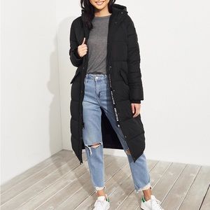 Hollister longline puffer parka coat jacket black size XS